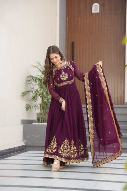 Luxury Faux Georgette Anarkali Gown with Zari & Sequins Dupatta