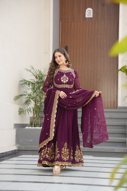 Luxury Faux Georgette Anarkali Gown with Zari & Sequins Dupatta