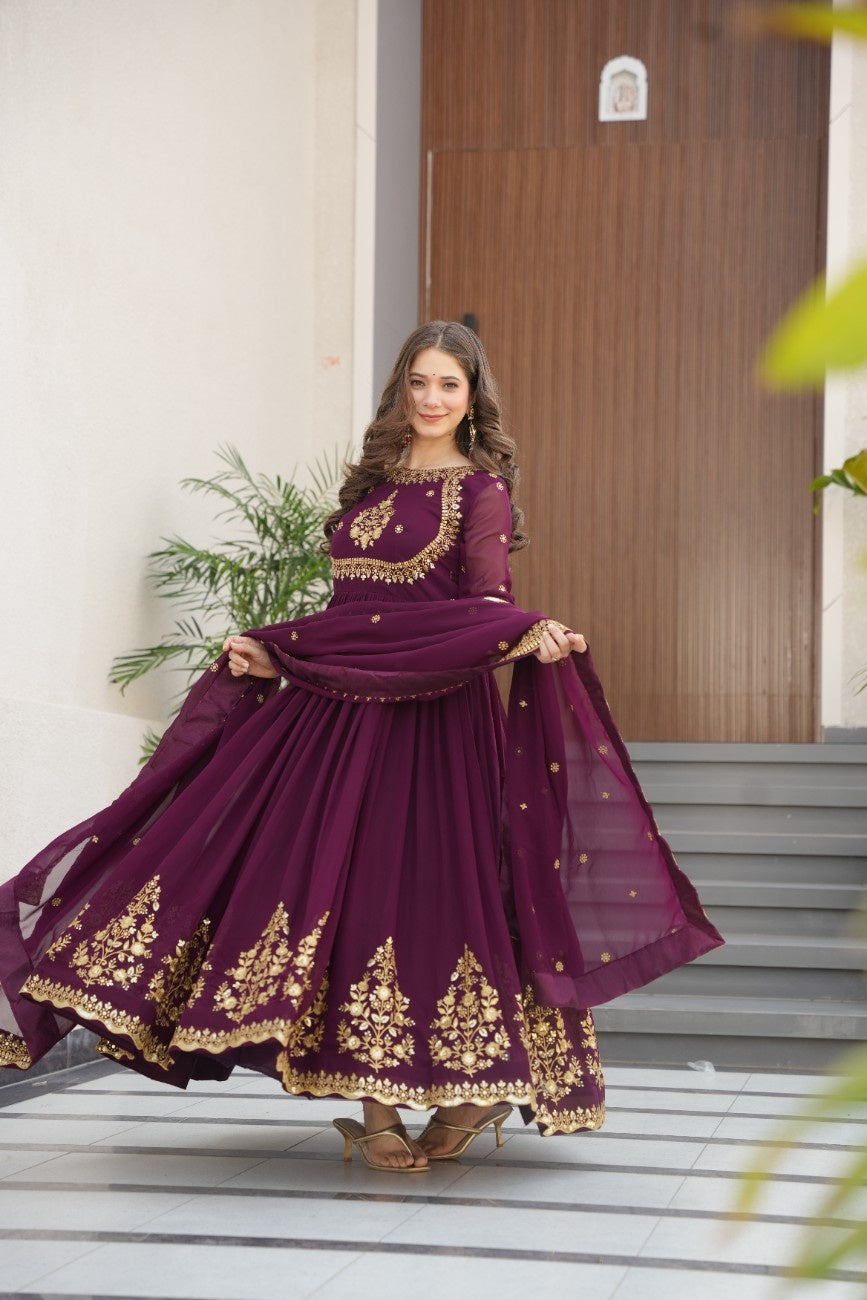 Luxury Faux Georgette Anarkali Gown with Zari & Sequins Dupatta