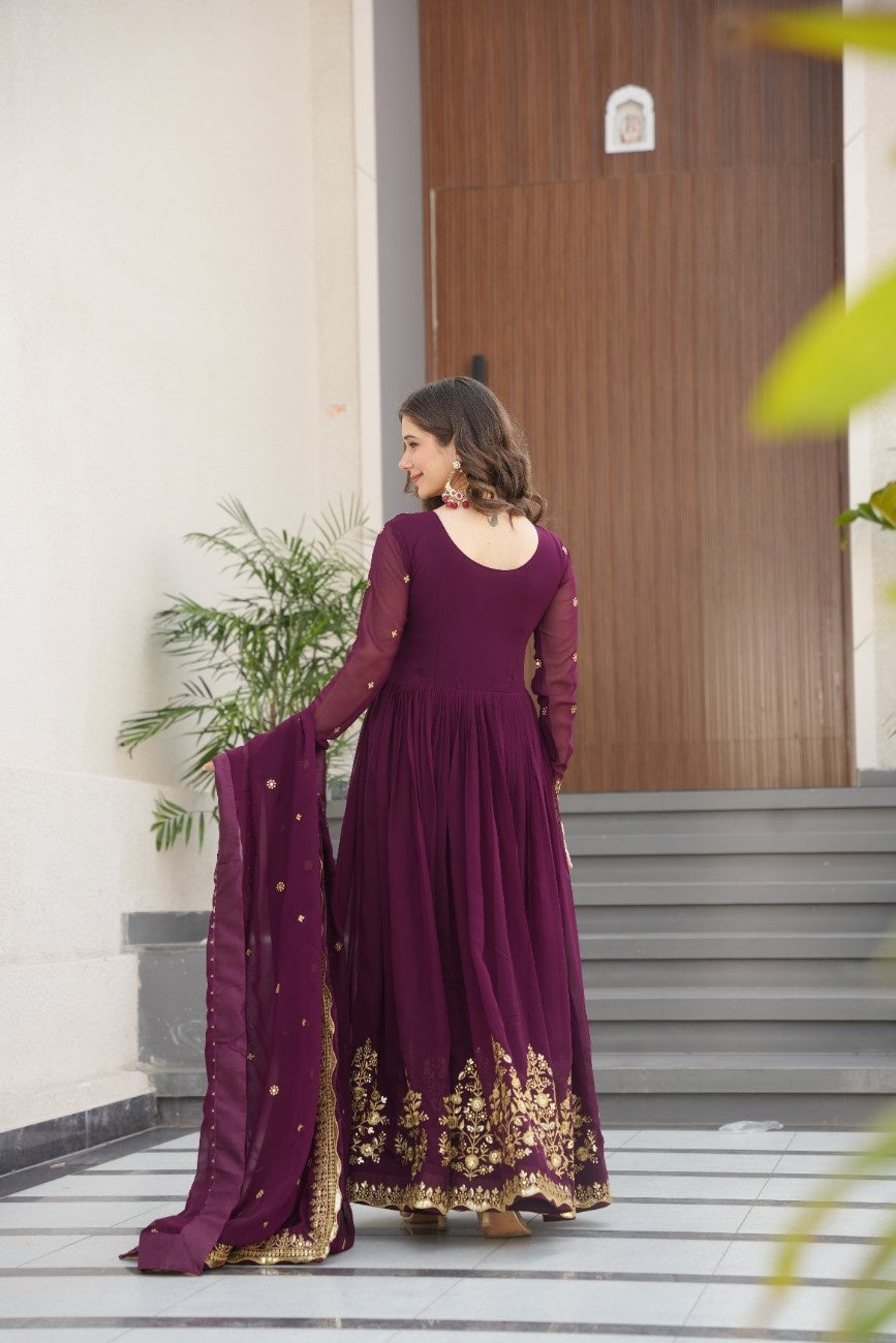 Luxury Faux Georgette Anarkali Gown with Zari & Sequins Dupatta