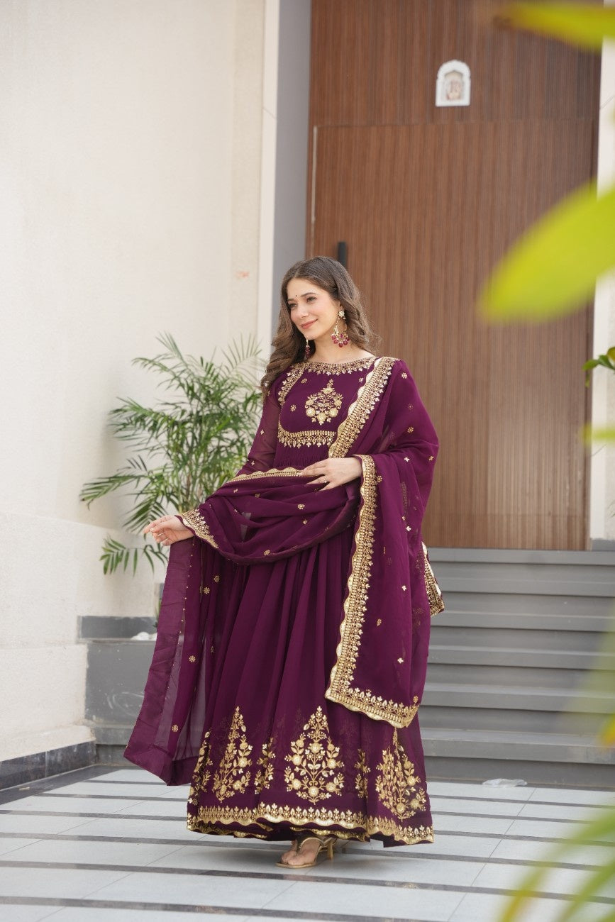 Luxury Faux Georgette Anarkali Gown with Zari & Sequins Dupatta