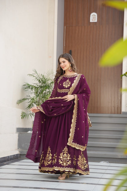 Luxury Faux Georgette Anarkali Gown with Zari & Sequins Dupatta