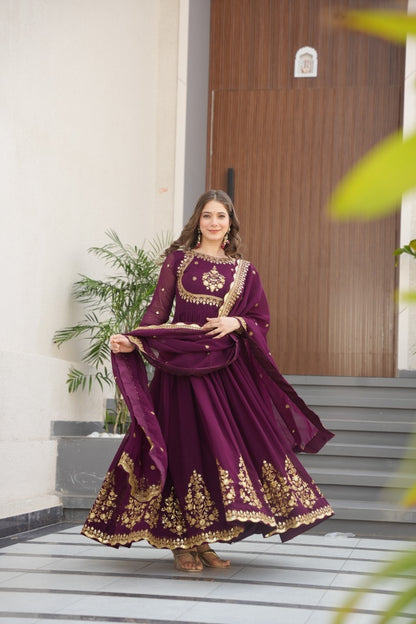 Luxury Faux Georgette Anarkali Gown with Zari & Sequins Dupatta