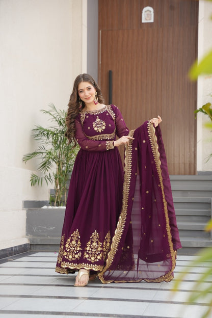 Luxury Faux Georgette Anarkali Gown with Zari & Sequins Dupatta