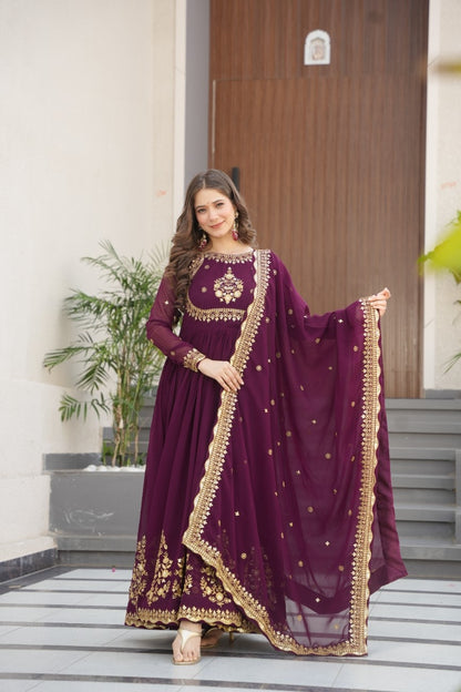 Luxury Faux Georgette Anarkali Gown with Zari & Sequins Dupatta
