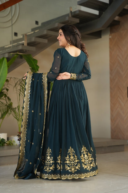 Luxury Faux Georgette Anarkali Gown with Zari & Sequins Dupatta