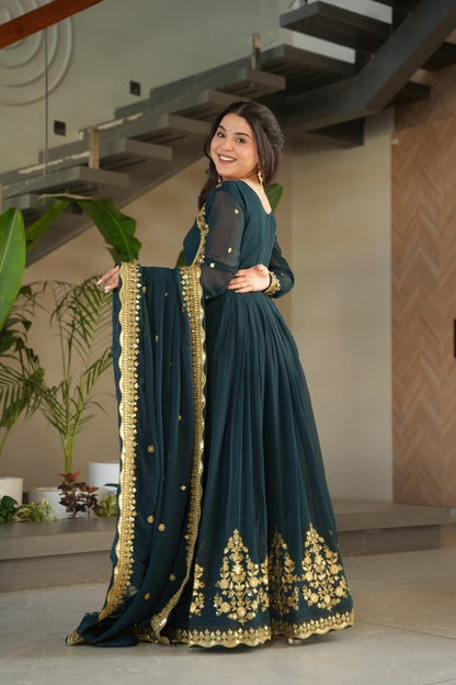 Luxury Faux Georgette Anarkali Gown with Zari & Sequins Dupatta