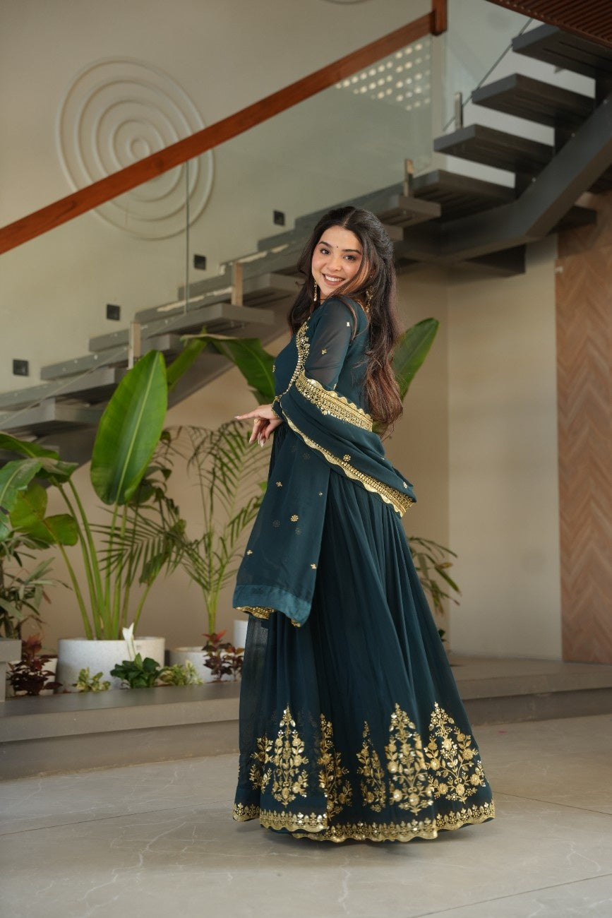 Luxury Faux Georgette Anarkali Gown with Zari & Sequins Dupatta