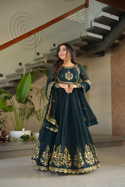 Luxury Faux Georgette Anarkali Gown with Zari & Sequins Dupatta