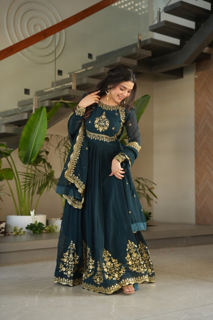 Luxury Faux Georgette Anarkali Gown with Zari & Sequins Dupatta