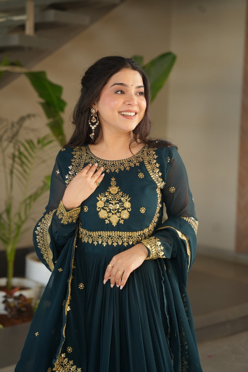 Luxury Faux Georgette Anarkali Gown with Zari & Sequins Dupatta