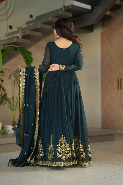 Luxury Faux Georgette Anarkali Gown with Zari & Sequins Dupatta
