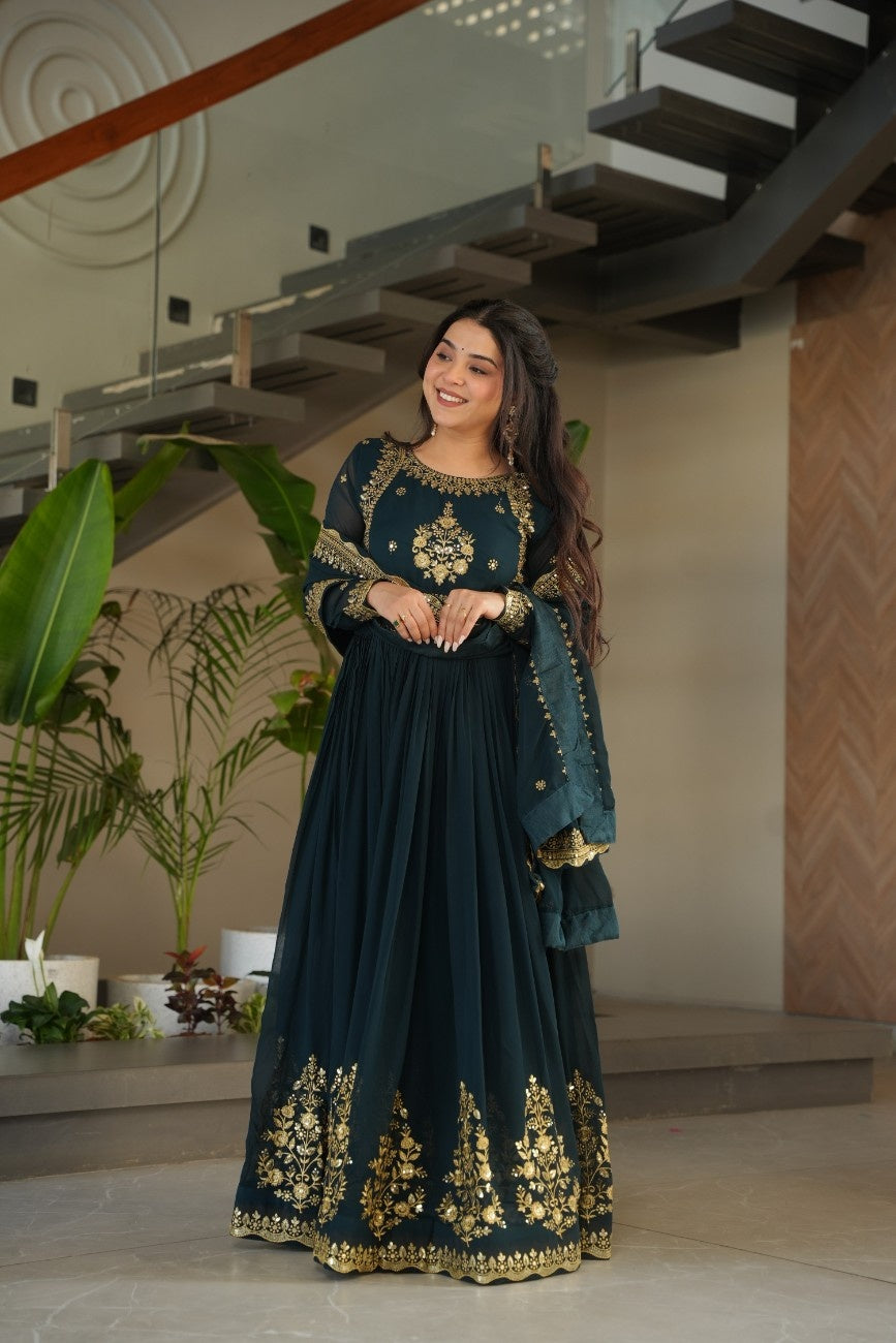 Luxury Faux Georgette Anarkali Gown with Zari & Sequins Dupatta