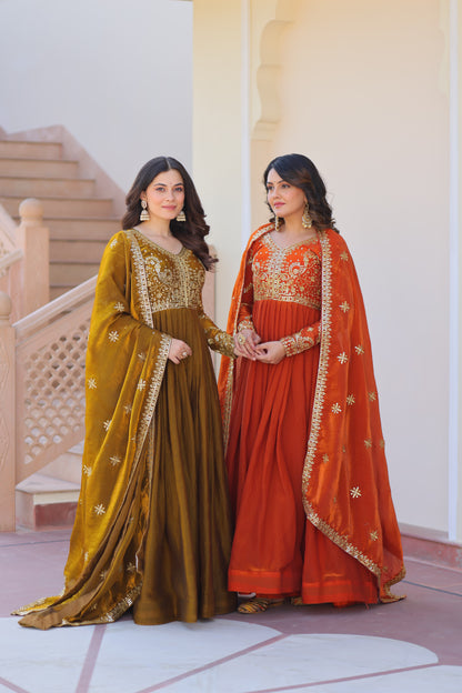 Fendy Fabric Embroidered Gown with Sequins Dupatta Set