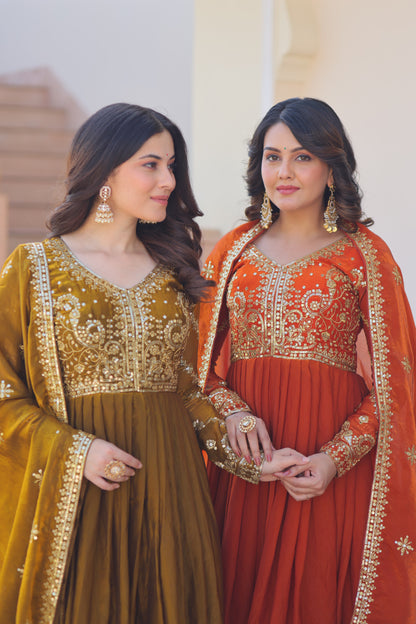 Fendy Fabric Embroidered Gown with Sequins Dupatta Set