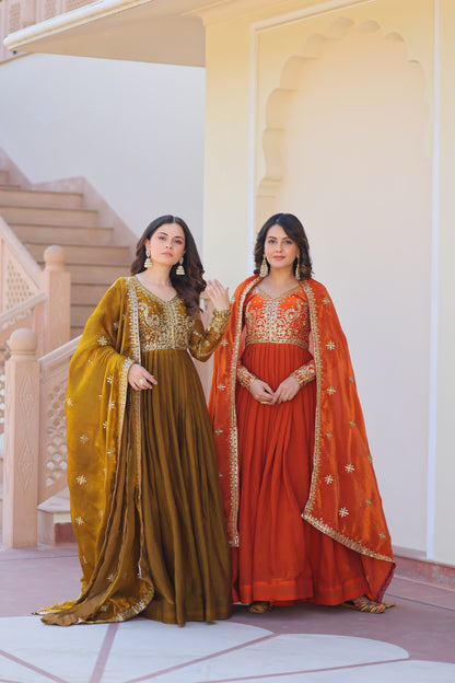 Fendy Fabric Embroidered Gown with Sequins Dupatta Set