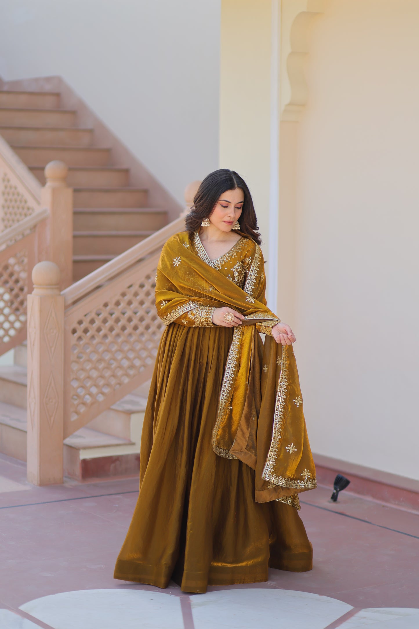 Fendy Fabric Embroidered Gown with Sequins Dupatta Set