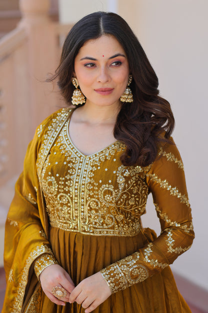 Fendy Fabric Embroidered Gown with Sequins Dupatta Set
