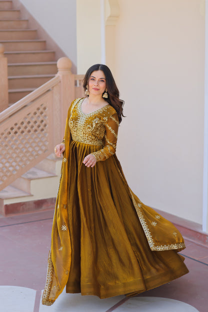 Fendy Fabric Embroidered Gown with Sequins Dupatta Set