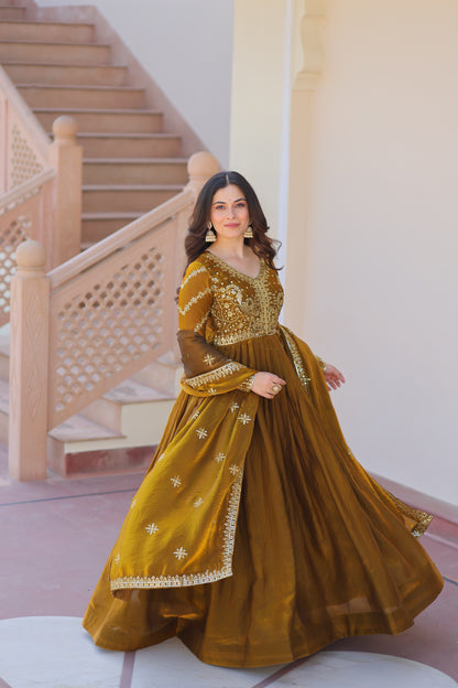 Fendy Fabric Embroidered Gown with Sequins Dupatta Set