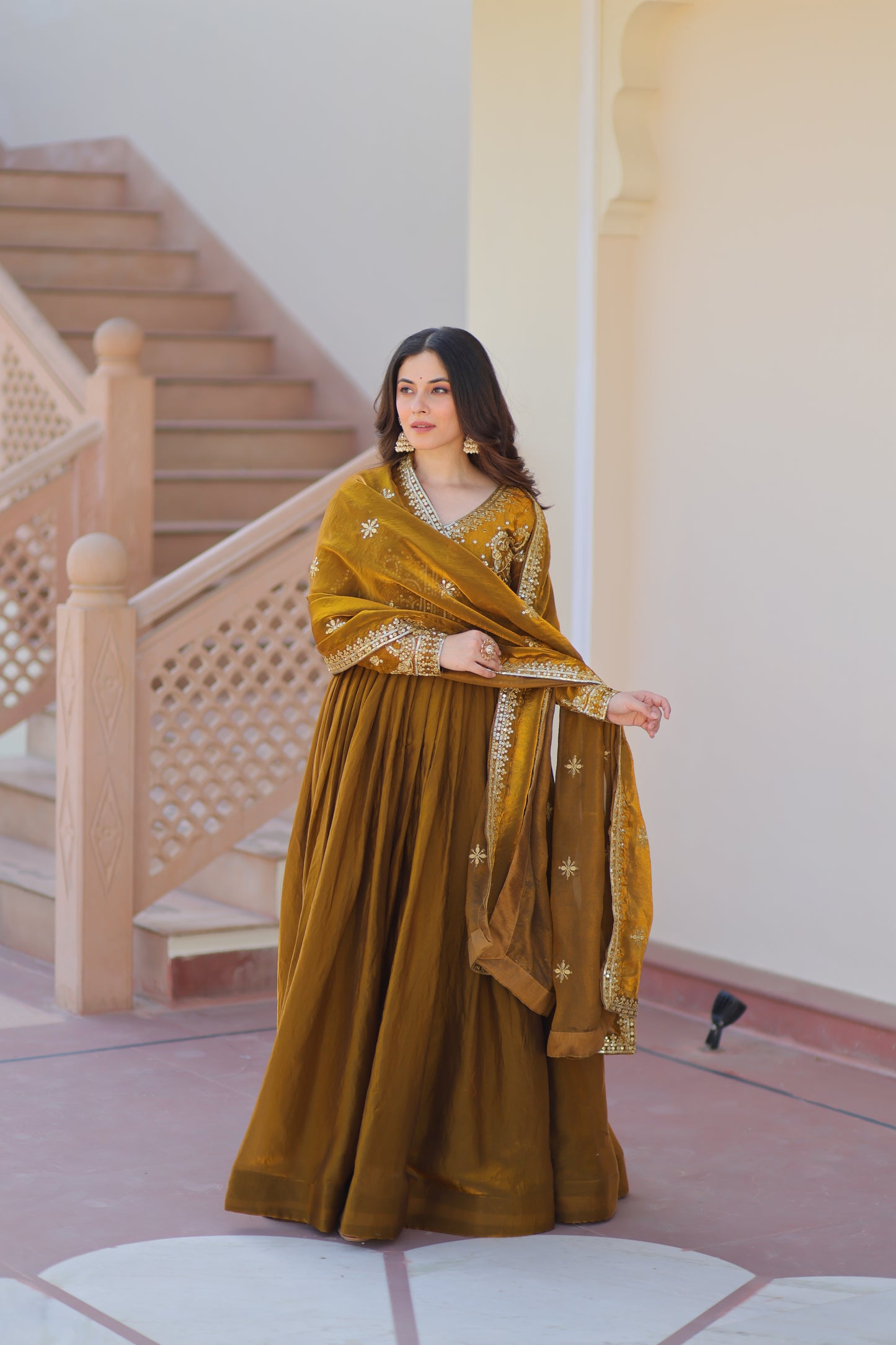 Fendy Fabric Embroidered Gown with Sequins Dupatta Set