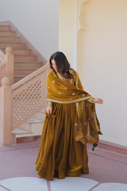 Fendy Fabric Embroidered Gown with Sequins Dupatta Set