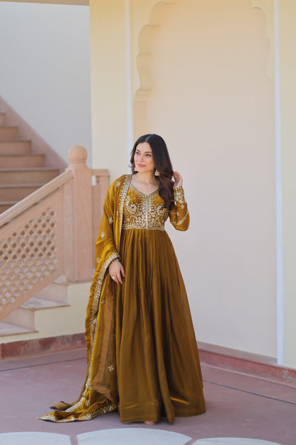 Fendy Fabric Embroidered Gown with Sequins Dupatta Set