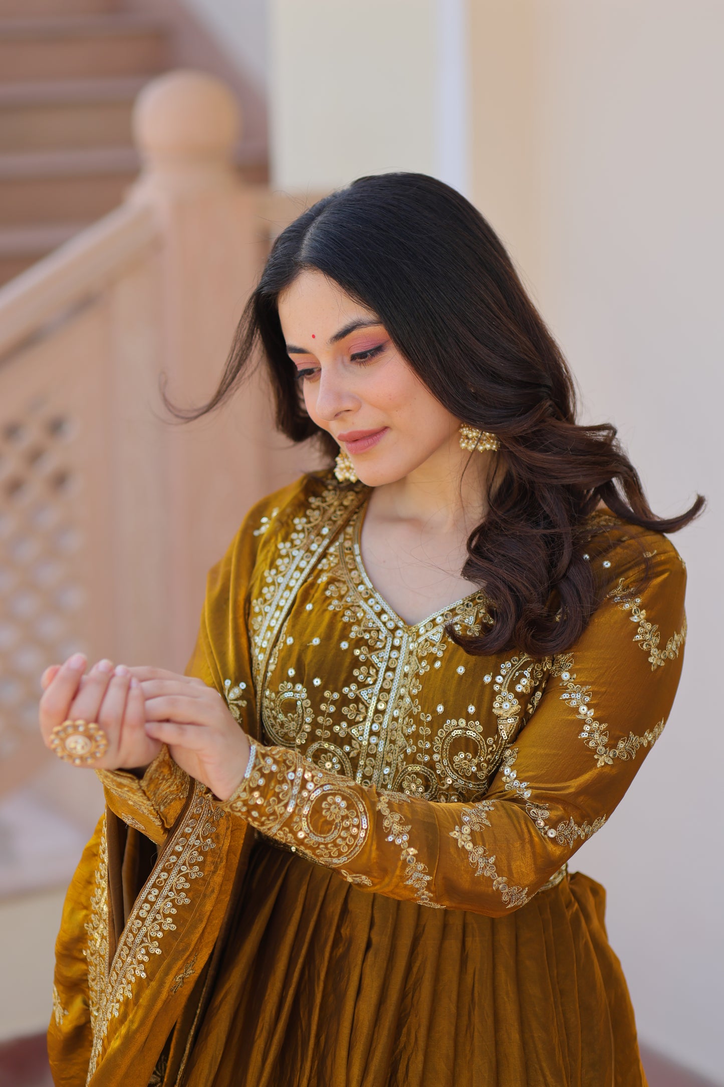 Fendy Fabric Embroidered Gown with Sequins Dupatta Set