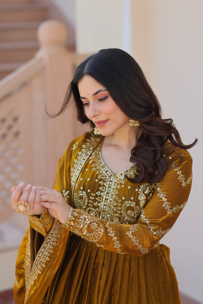 Fendy Fabric Embroidered Gown with Sequins Dupatta Set