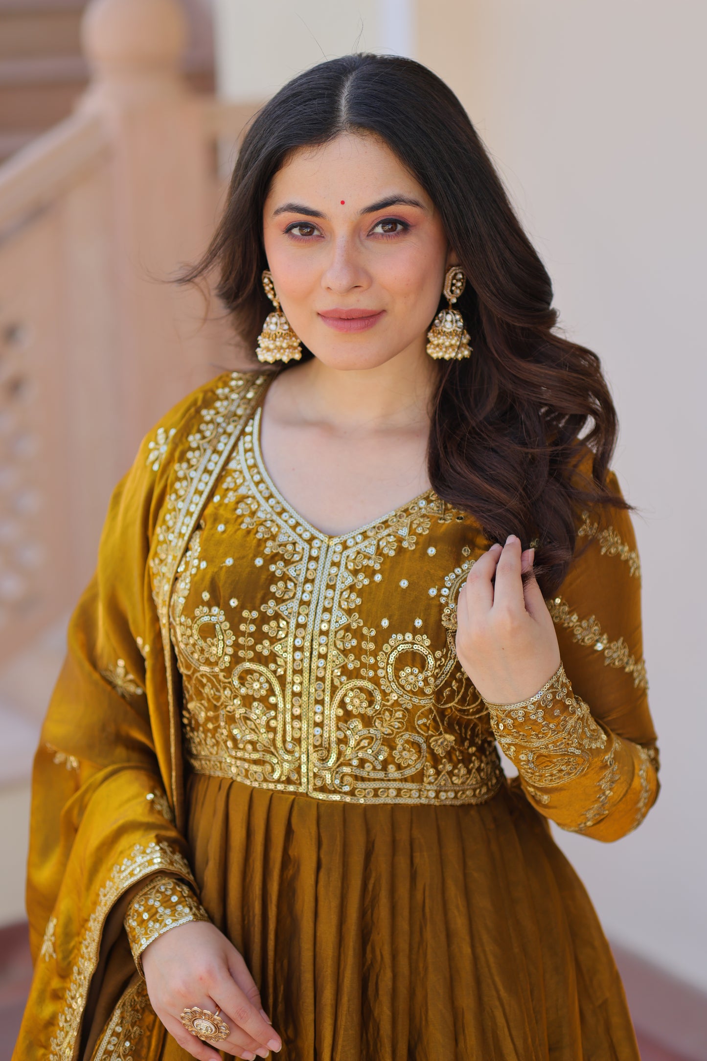 Fendy Fabric Embroidered Gown with Sequins Dupatta Set