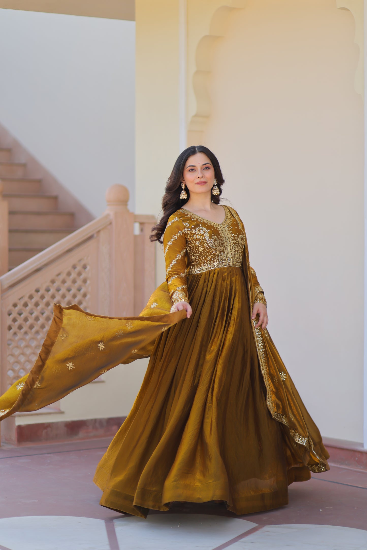 Fendy Fabric Embroidered Gown with Sequins Dupatta Set