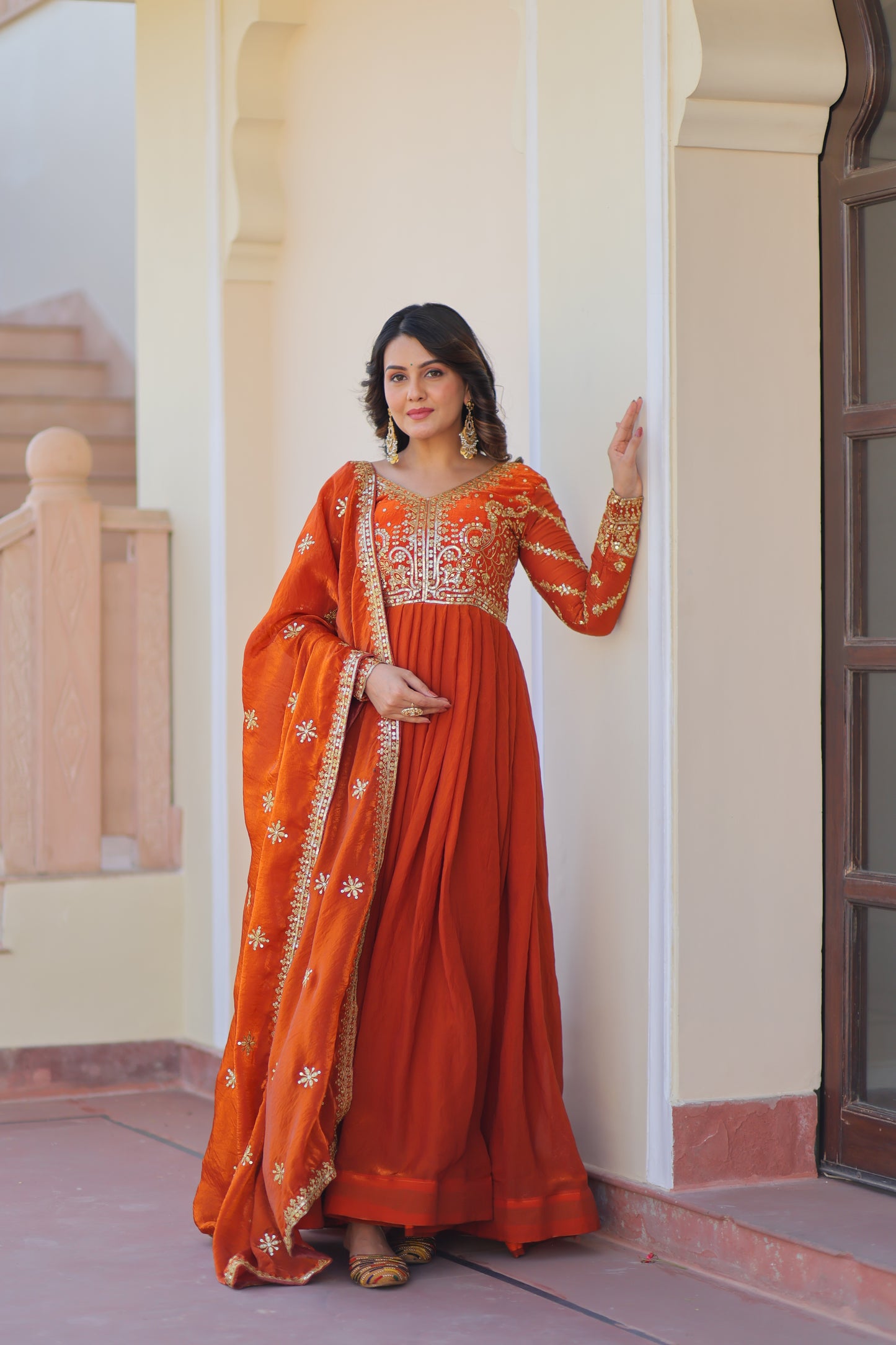 Fendy Fabric Embroidered Gown with Sequins Dupatta Set