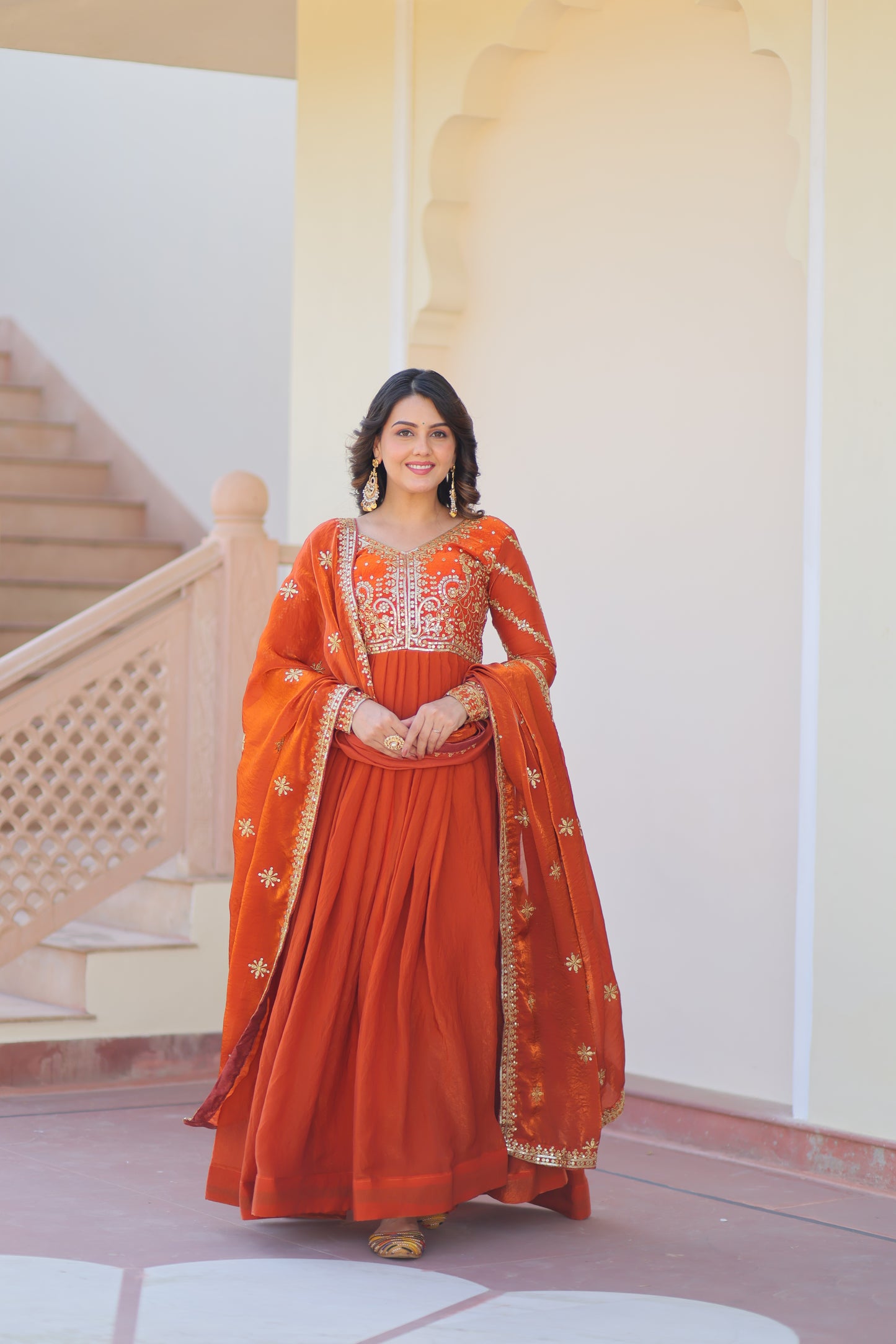 Fendy Fabric Embroidered Gown with Sequins Dupatta Set