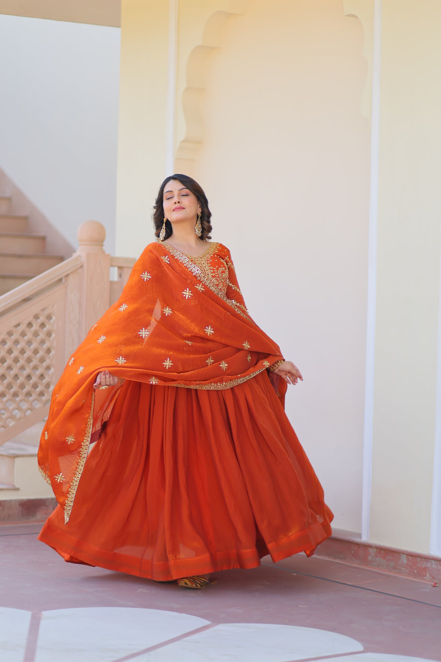 Fendy Fabric Embroidered Gown with Sequins Dupatta Set