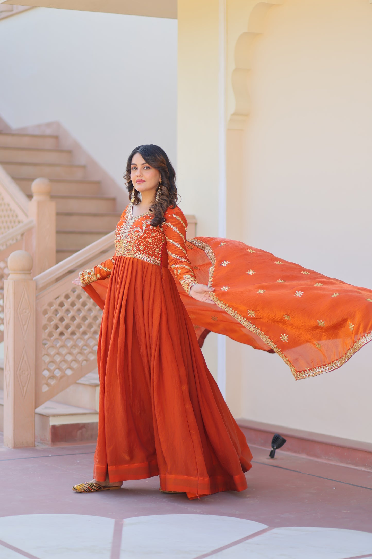 Fendy Fabric Embroidered Gown with Sequins Dupatta Set
