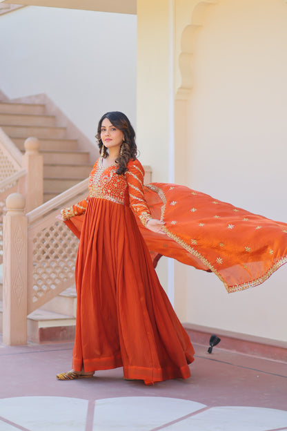 Fendy Fabric Embroidered Gown with Sequins Dupatta Set