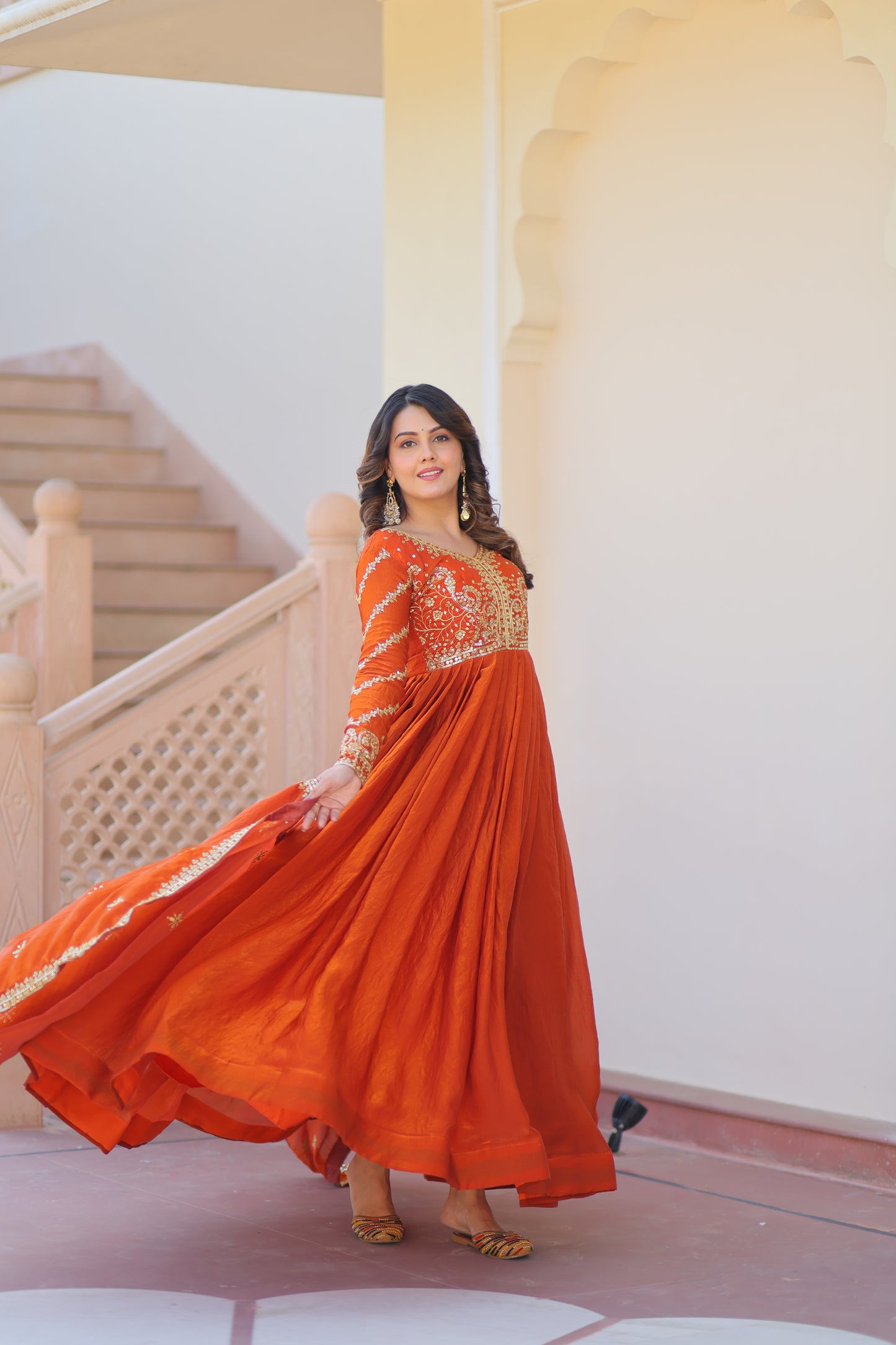 Fendy Fabric Embroidered Gown with Sequins Dupatta Set