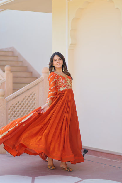 Fendy Fabric Embroidered Gown with Sequins Dupatta Set