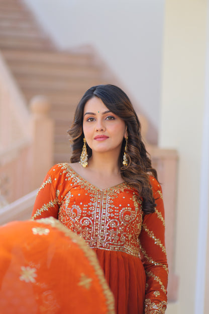 Fendy Fabric Embroidered Gown with Sequins Dupatta Set
