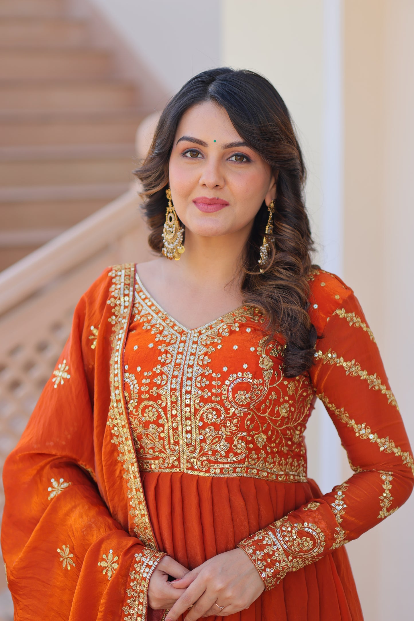Fendy Fabric Embroidered Gown with Sequins Dupatta Set