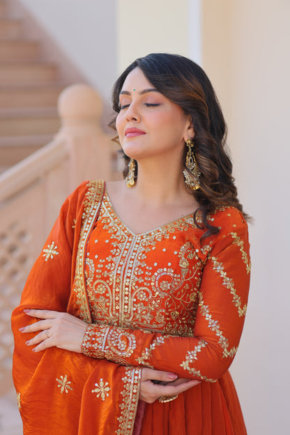 Fendy Fabric Embroidered Gown with Sequins Dupatta Set