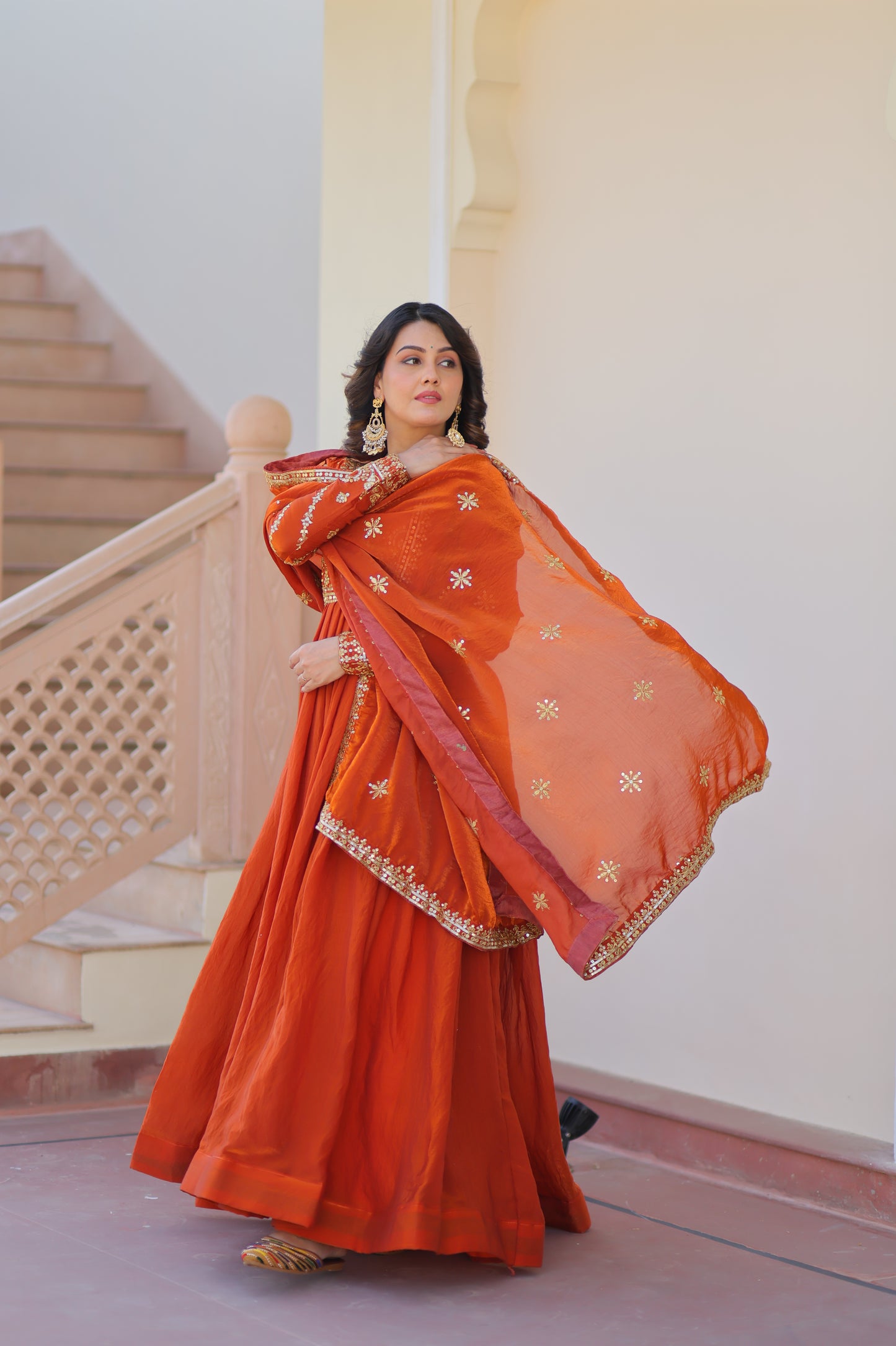 Fendy Fabric Embroidered Gown with Sequins Dupatta Set