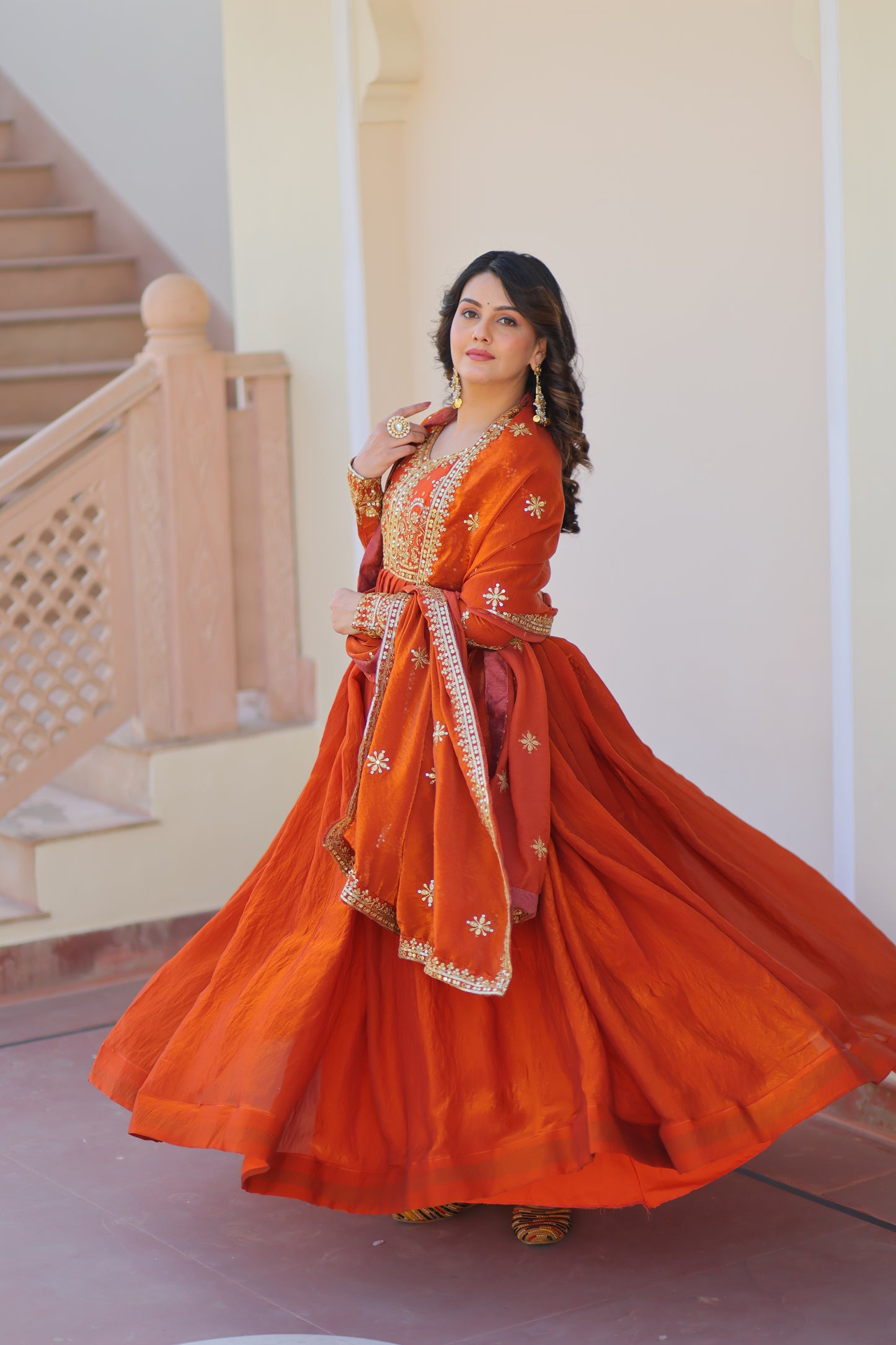 Fendy Fabric Embroidered Gown with Sequins Dupatta Set