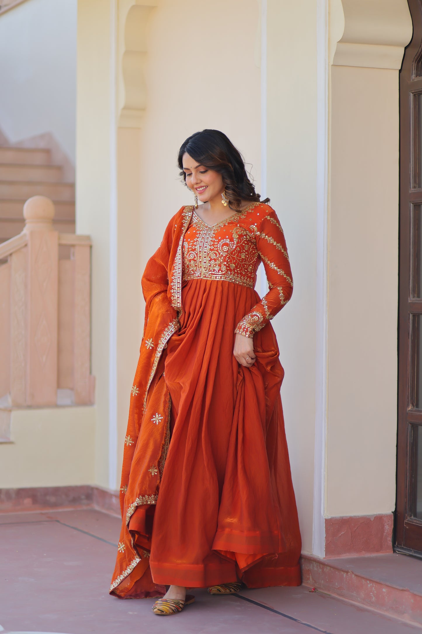 Fendy Fabric Embroidered Gown with Sequins Dupatta Set