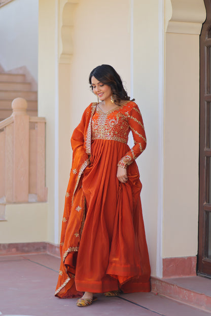 Fendy Fabric Embroidered Gown with Sequins Dupatta Set