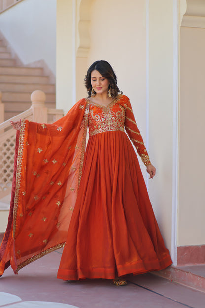 Fendy Fabric Embroidered Gown with Sequins Dupatta Set