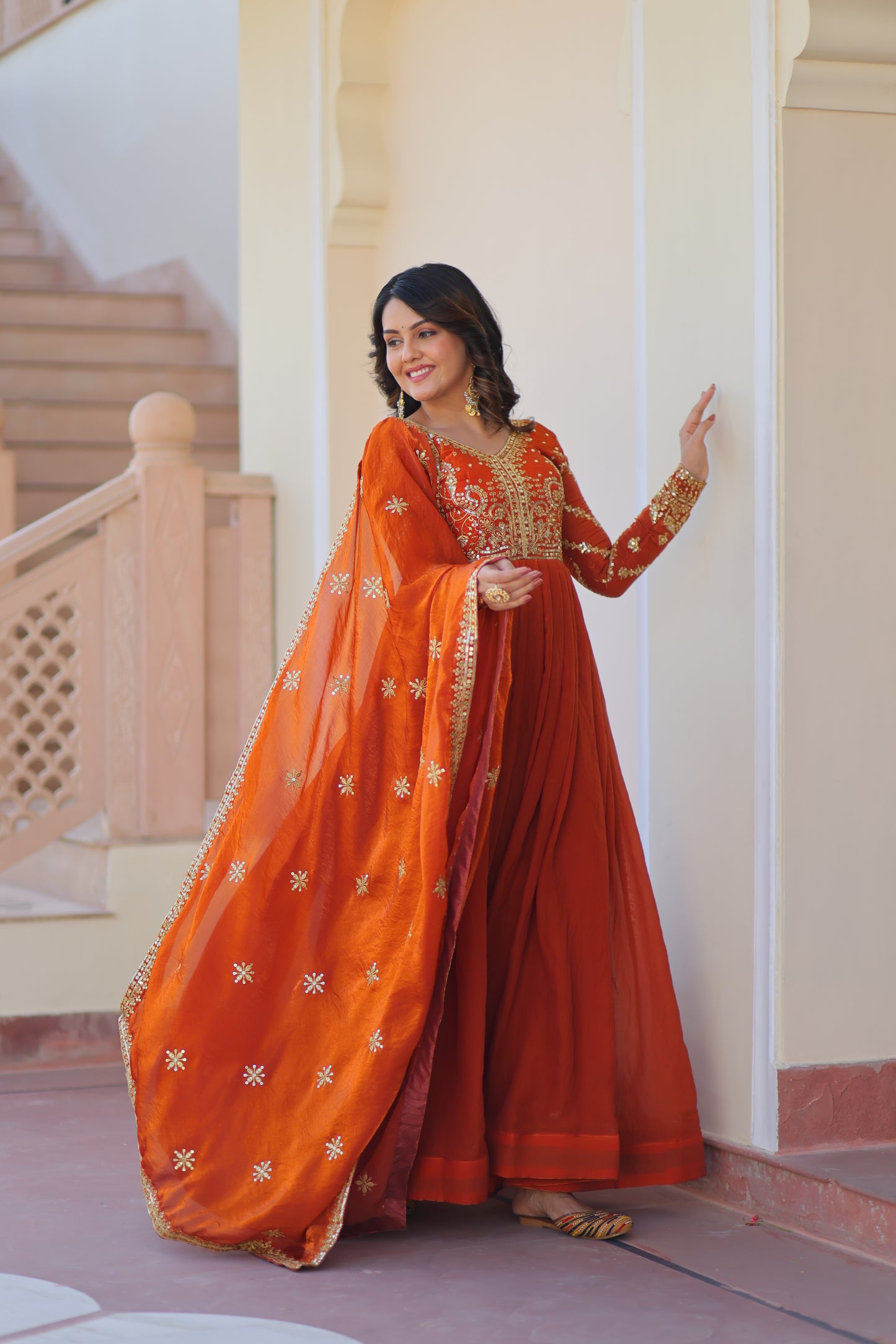 Fendy Fabric Embroidered Gown with Sequins Dupatta Set