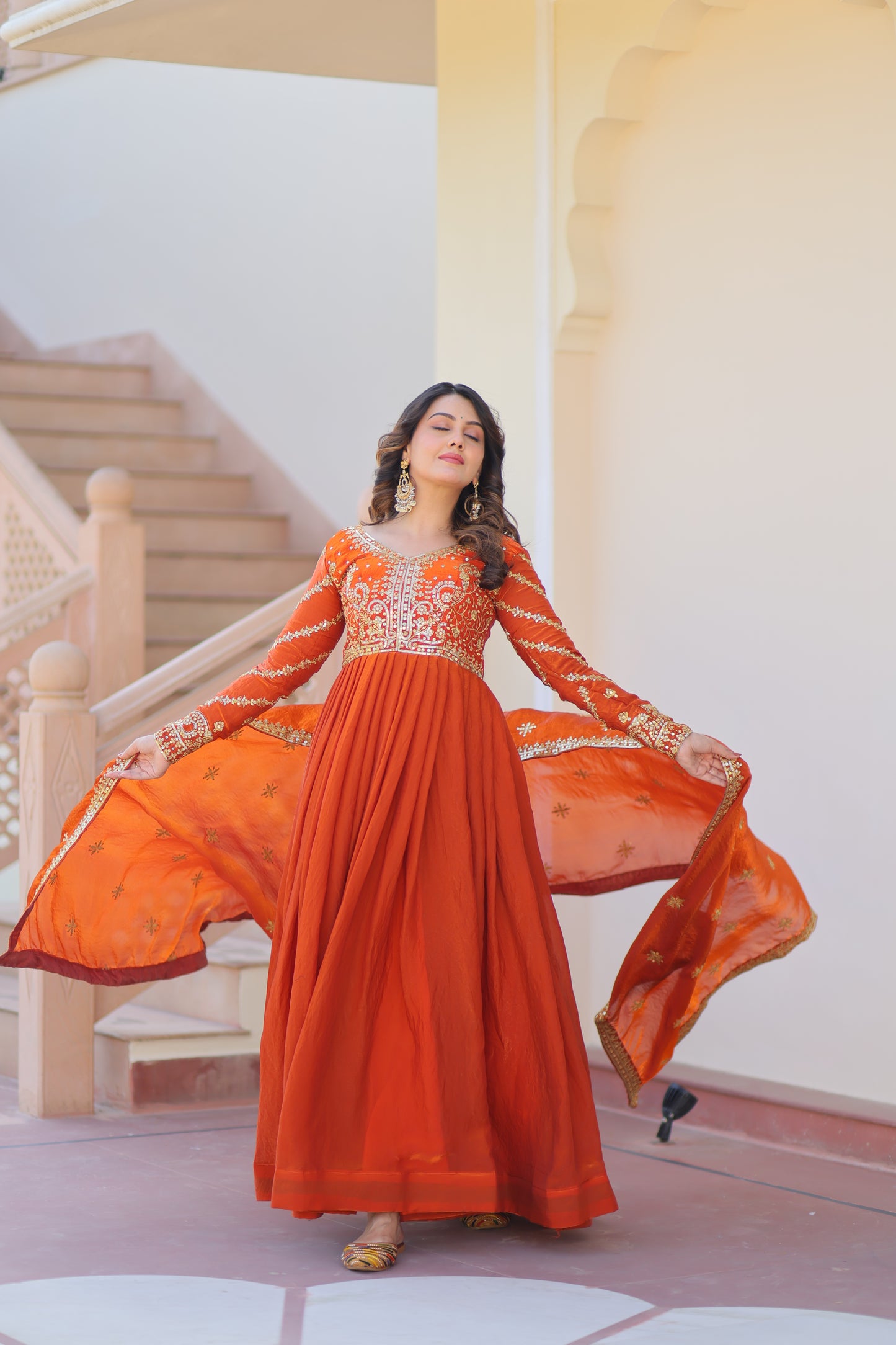 Fendy Fabric Embroidered Gown with Sequins Dupatta Set