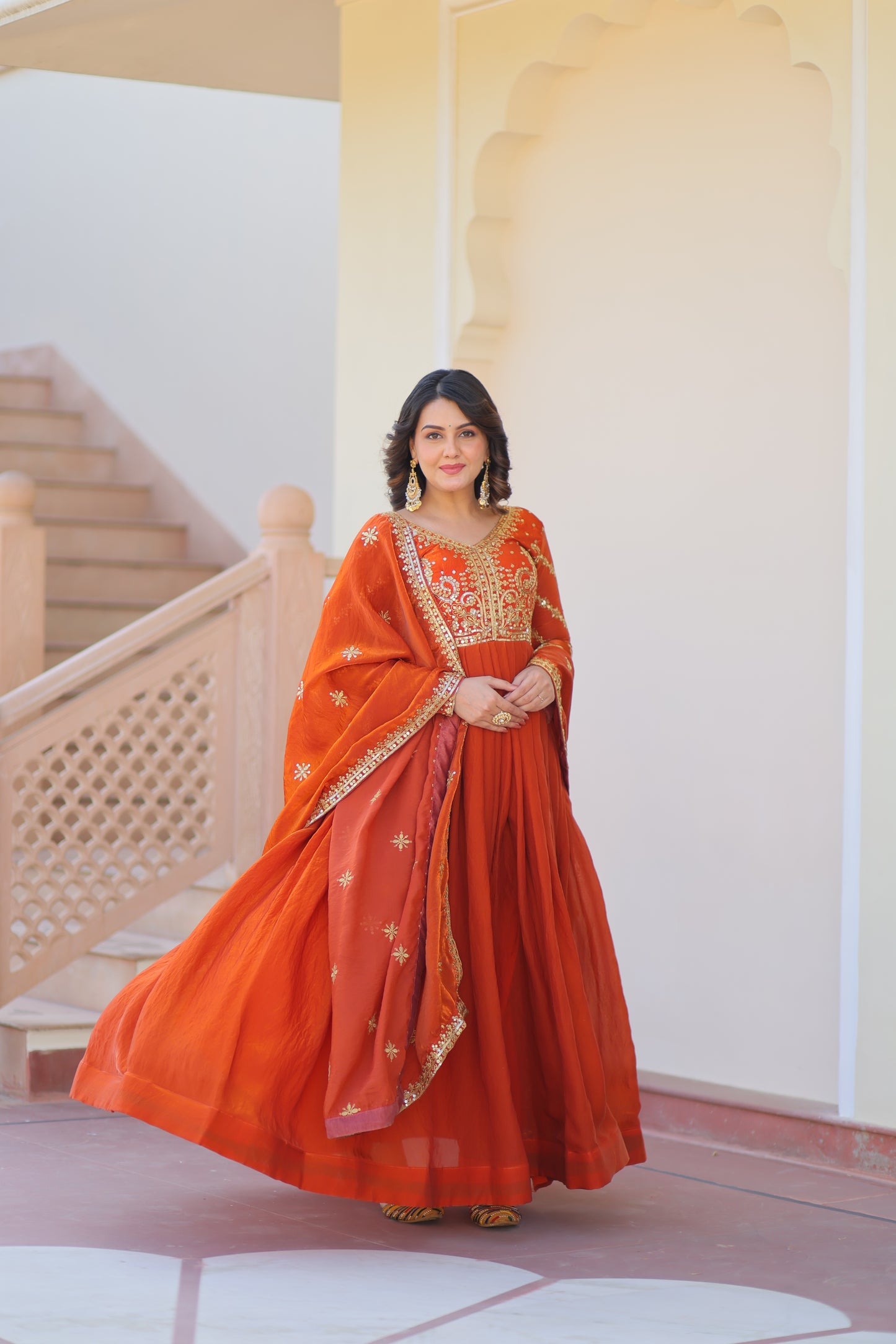 Fendy Fabric Embroidered Gown with Sequins Dupatta Set