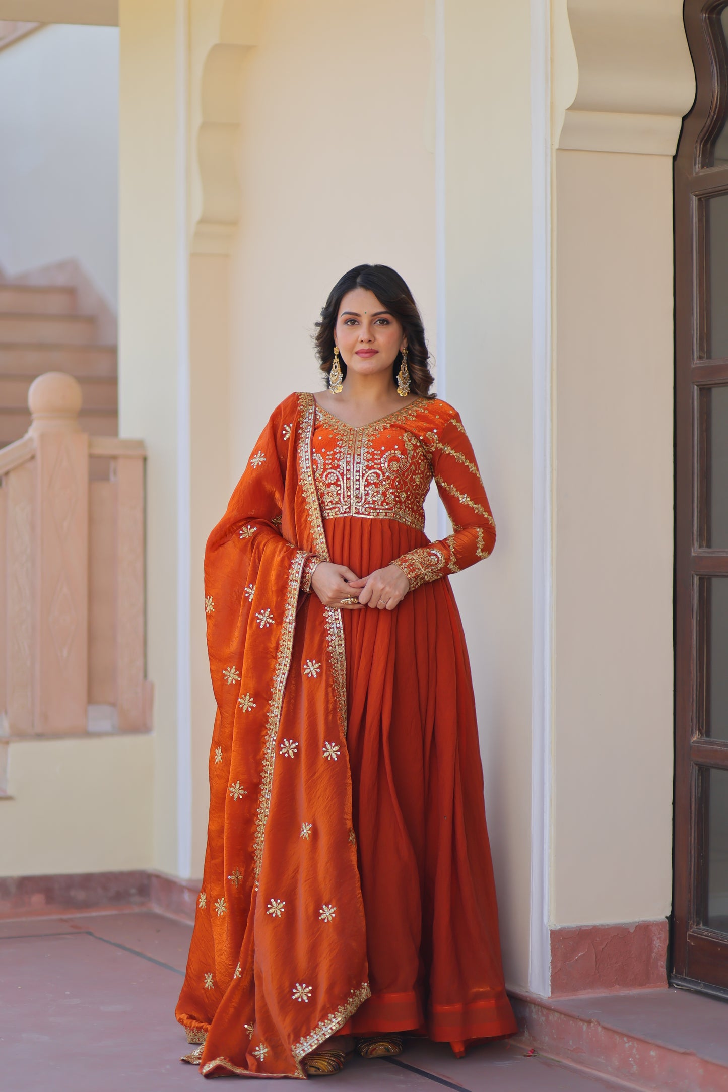 Fendy Fabric Embroidered Gown with Sequins Dupatta Set